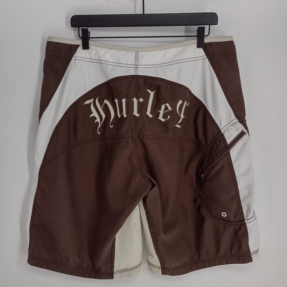 Hurley Embroidered Spell Out (On Back) Side Pocket Brown & White Board Shorts - Picture 1 of 14